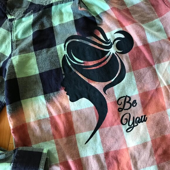 Bleached Flannel Shirt, Size Small: Upcycled Hand Painted Ombre Plaid Top - Picture 5 of 9